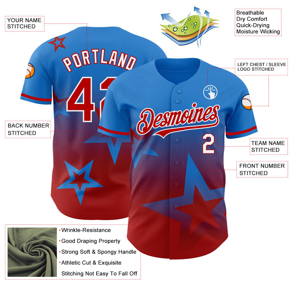 Custom Electric Blue Red-White 3D Pattern Design Gradient Style Twinkle Star Authentic Baseball Jersey view 3