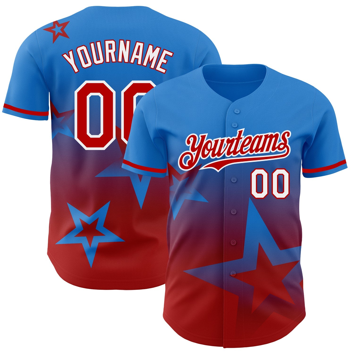 Custom Electric Blue Red-White 3D Pattern Design Gradient Style Twinkle Star Authentic Baseball Jersey - Main View