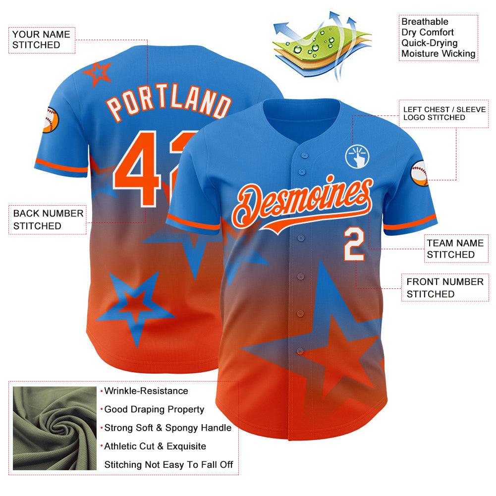 Custom Electric Blue Orange-White 3D Pattern Design Gradient Style Twinkle Star Authentic Baseball Jersey view 3