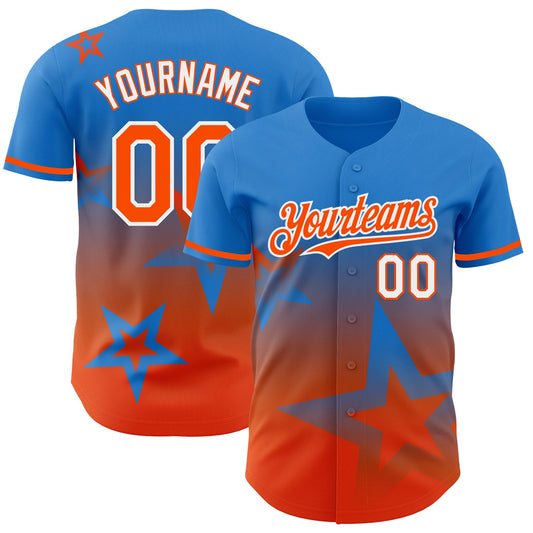 Custom Electric Blue Orange-White 3D Pattern Design Gradient Style Twinkle Star Authentic Baseball Jersey - Main View
