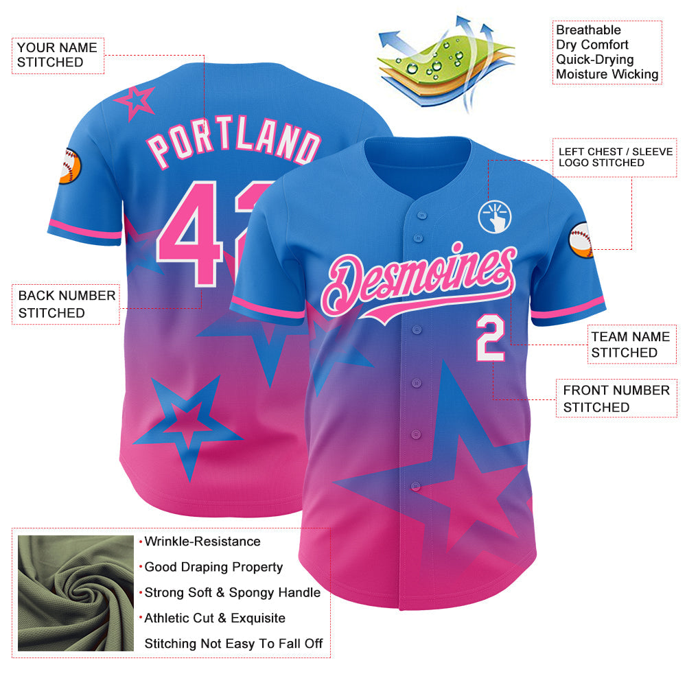 Custom Electric Blue Pink-White 3D Pattern Design Gradient Style Twinkle Star Authentic Baseball Jersey view 3