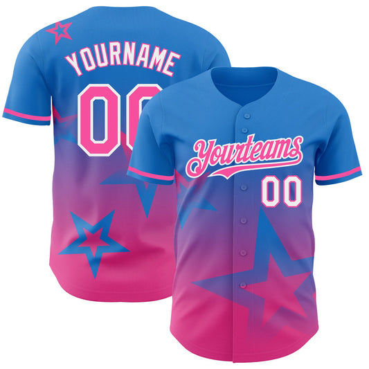 Custom Electric Blue Pink-White 3D Pattern Design Gradient Style Twinkle Star Authentic Baseball Jersey - Main View