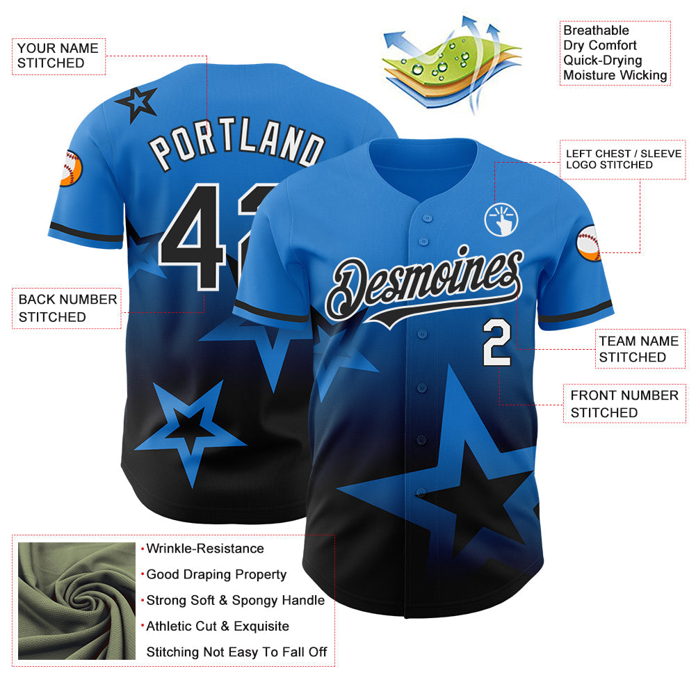Custom Electric Blue Black-White 3D Pattern Design Gradient Style Twinkle Star Authentic Baseball Jersey view 3