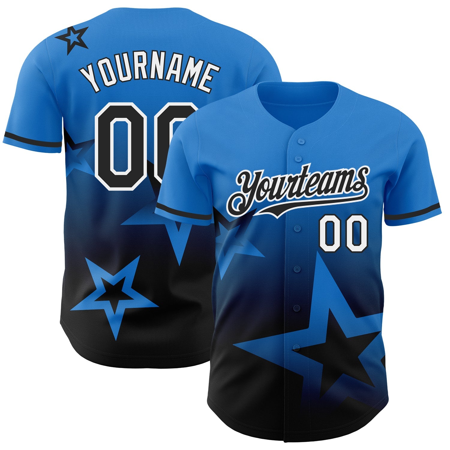 Custom Electric Blue Black-White 3D Pattern Design Gradient Style Twinkle Star Authentic Baseball Jersey - Main View