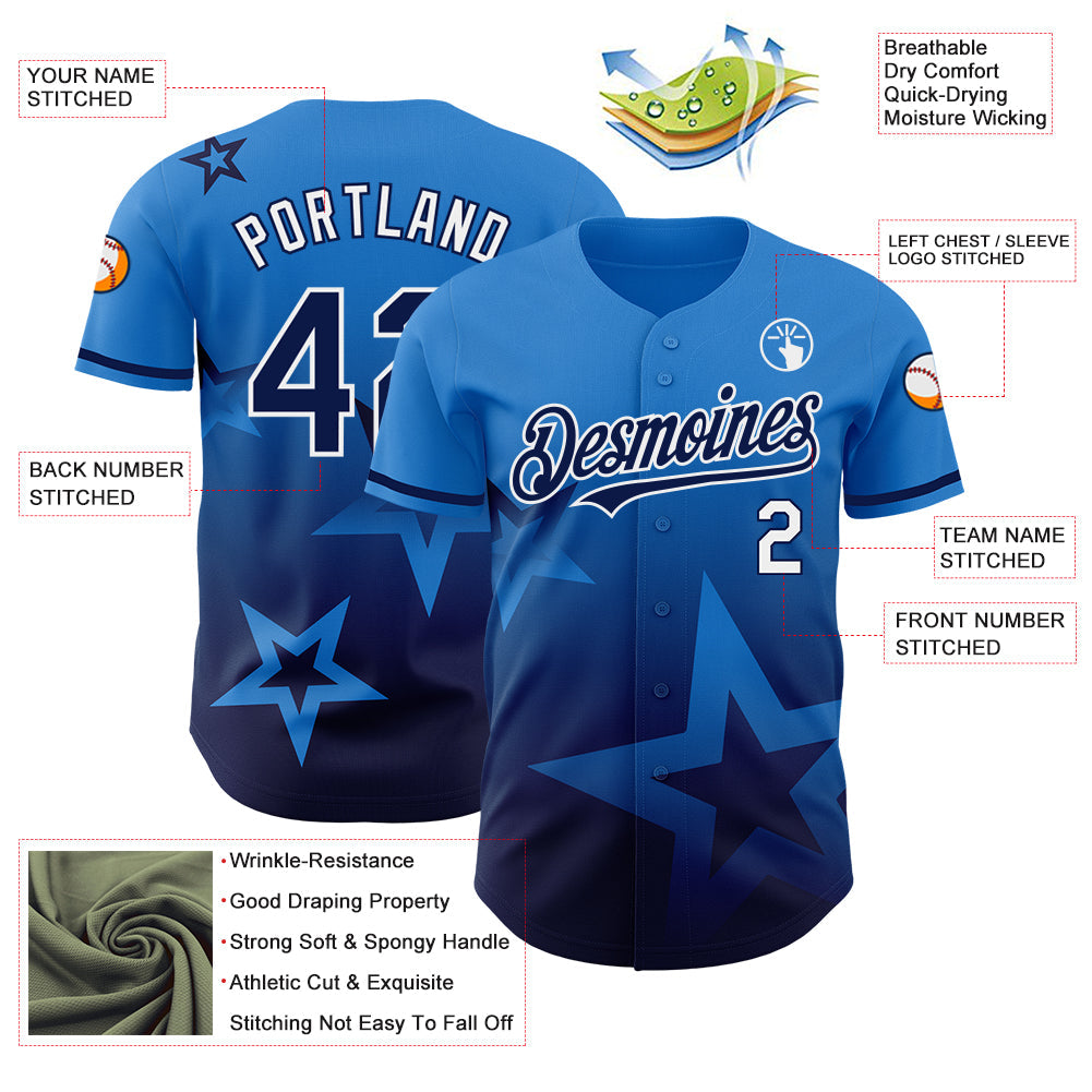 Custom Electric Blue Navy-White 3D Pattern Design Gradient Style Twinkle Star Authentic Baseball Jersey view 3