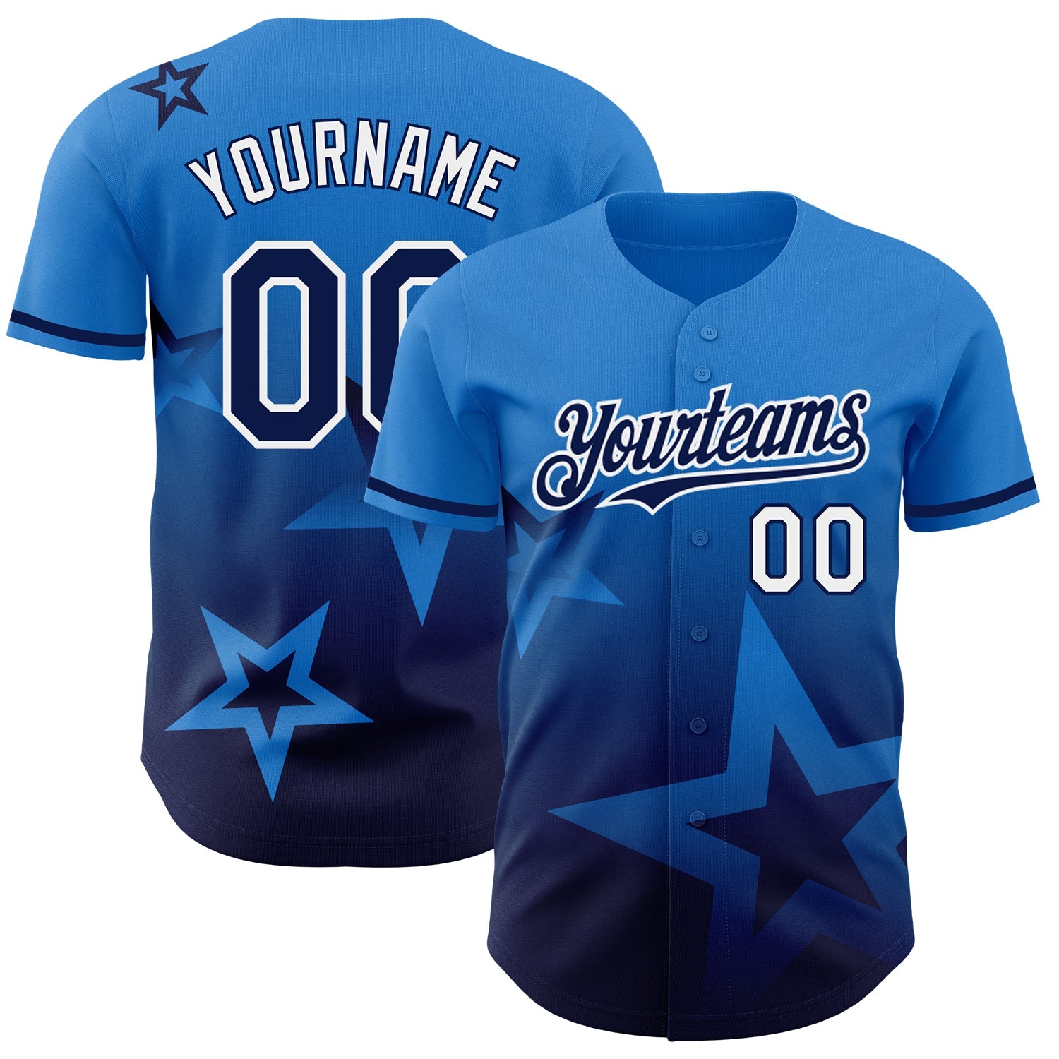 Custom Electric Blue Navy-White 3D Pattern Design Gradient Style Twinkle Star Authentic Baseball Jersey - Main View