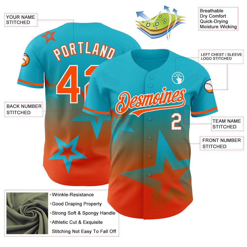 Custom Lakes Blue Orange-White 3D Pattern Design Gradient Style Twinkle Star Authentic Baseball Jersey view 3