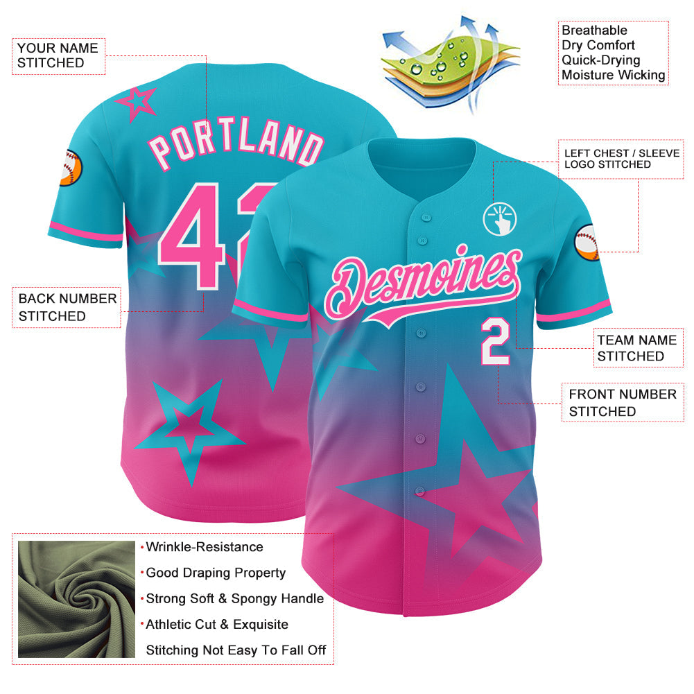Custom Lakes Blue Pink-White 3D Pattern Design Gradient Style Twinkle Star Authentic Baseball Jersey view 3
