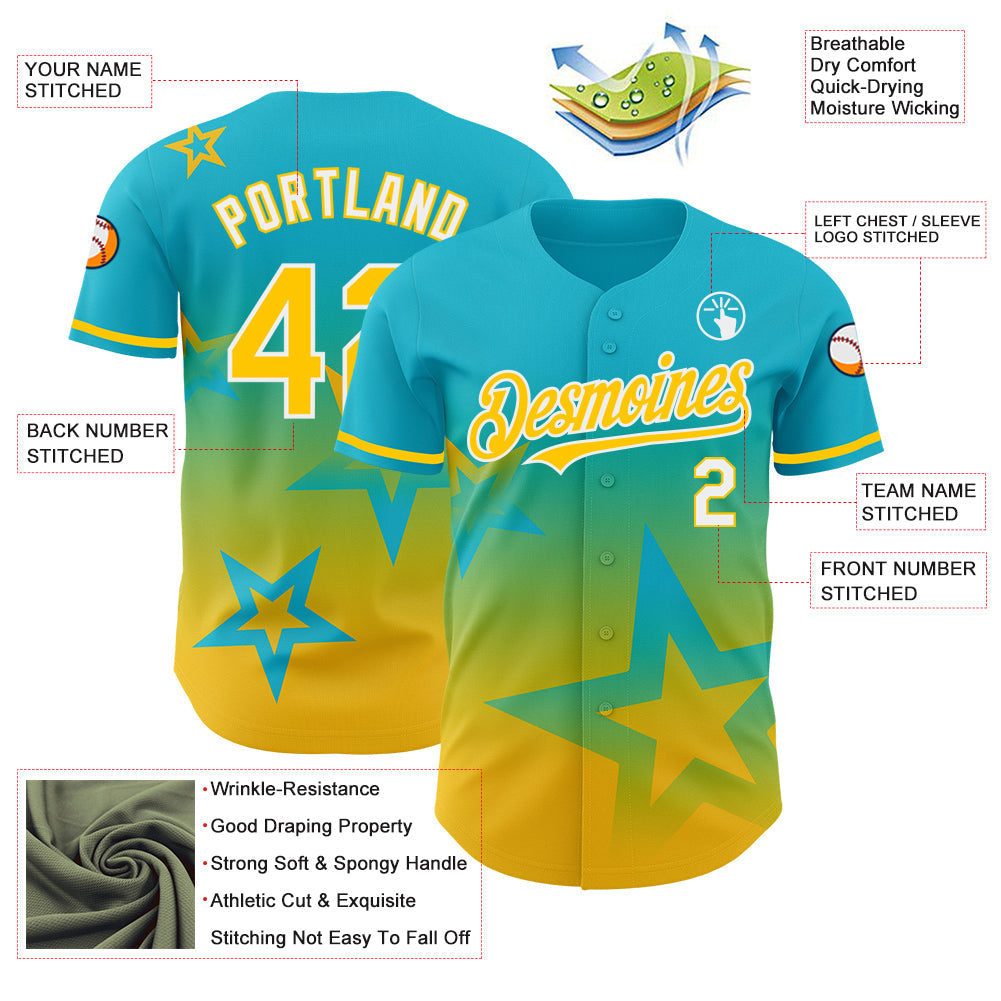Custom Lakes Blue Yellow-White 3D Pattern Design Gradient Style Twinkle Star Authentic Baseball Jersey view 3
