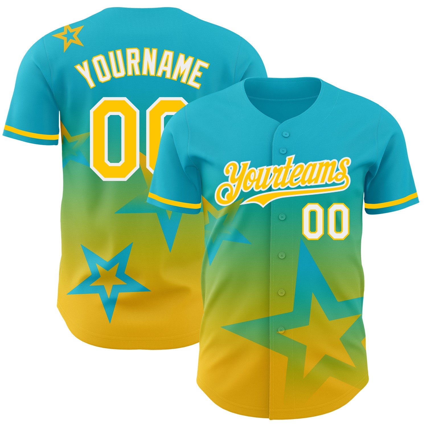 Custom Lakes Blue Yellow-White 3D Pattern Design Gradient Style Twinkle Star Authentic Baseball Jersey - Main View