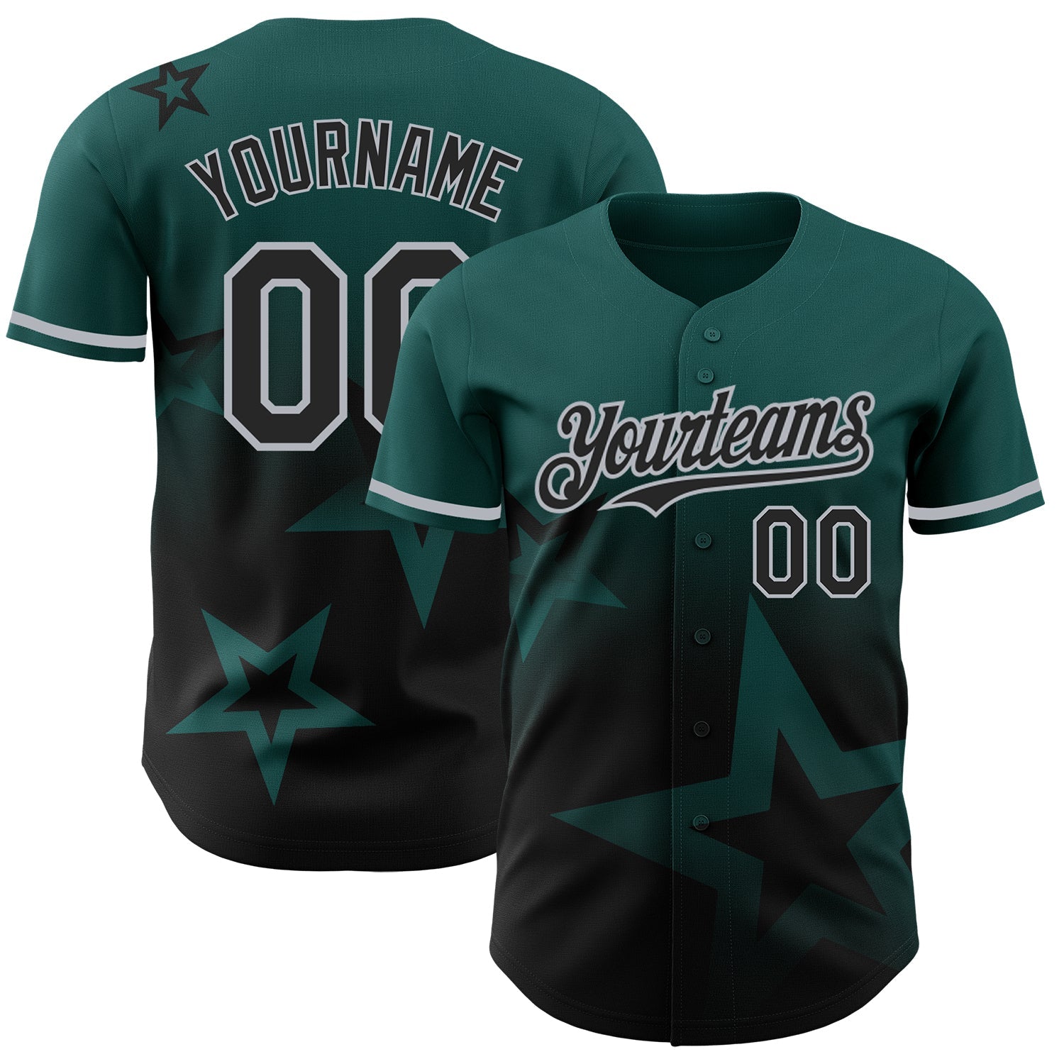 Custom Midnight Green Black-Gray 3D Pattern Design Gradient Style Twinkle Star Authentic Baseball Jersey - Main View