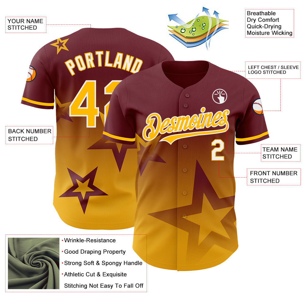 Custom Burgundy Gold-White 3D Pattern Design Gradient Style Twinkle Star Authentic Baseball Jersey view 3