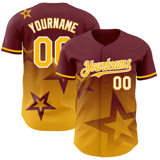 Custom Burgundy Gold-White 3D Pattern Design Gradient Style Twinkle Star Authentic Baseball Jersey - Main View