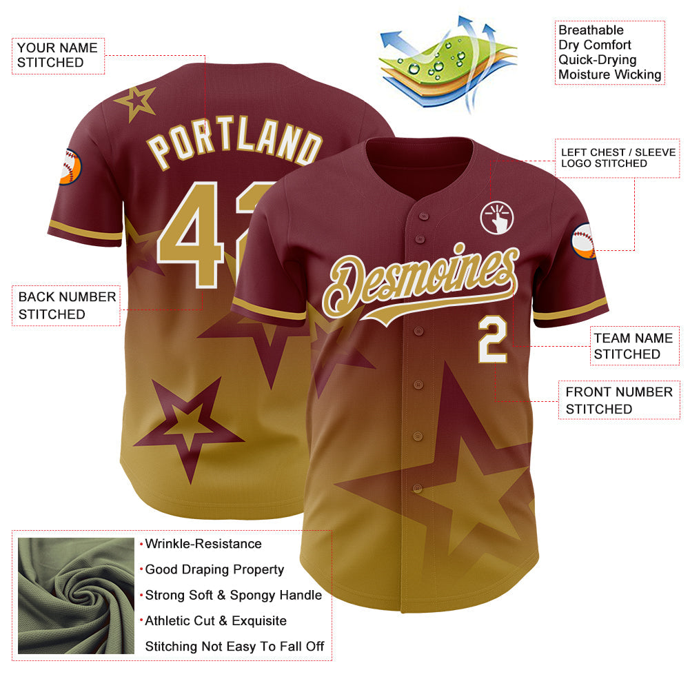 Custom Burgundy Old Gold-White 3D Pattern Design Gradient Style Twinkle Star Authentic Baseball Jersey view 3