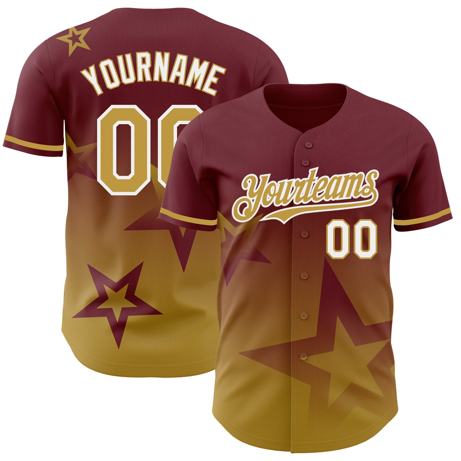 Custom Burgundy Old Gold-White 3D Pattern Design Gradient Style Twinkle Star Authentic Baseball Jersey - Main View