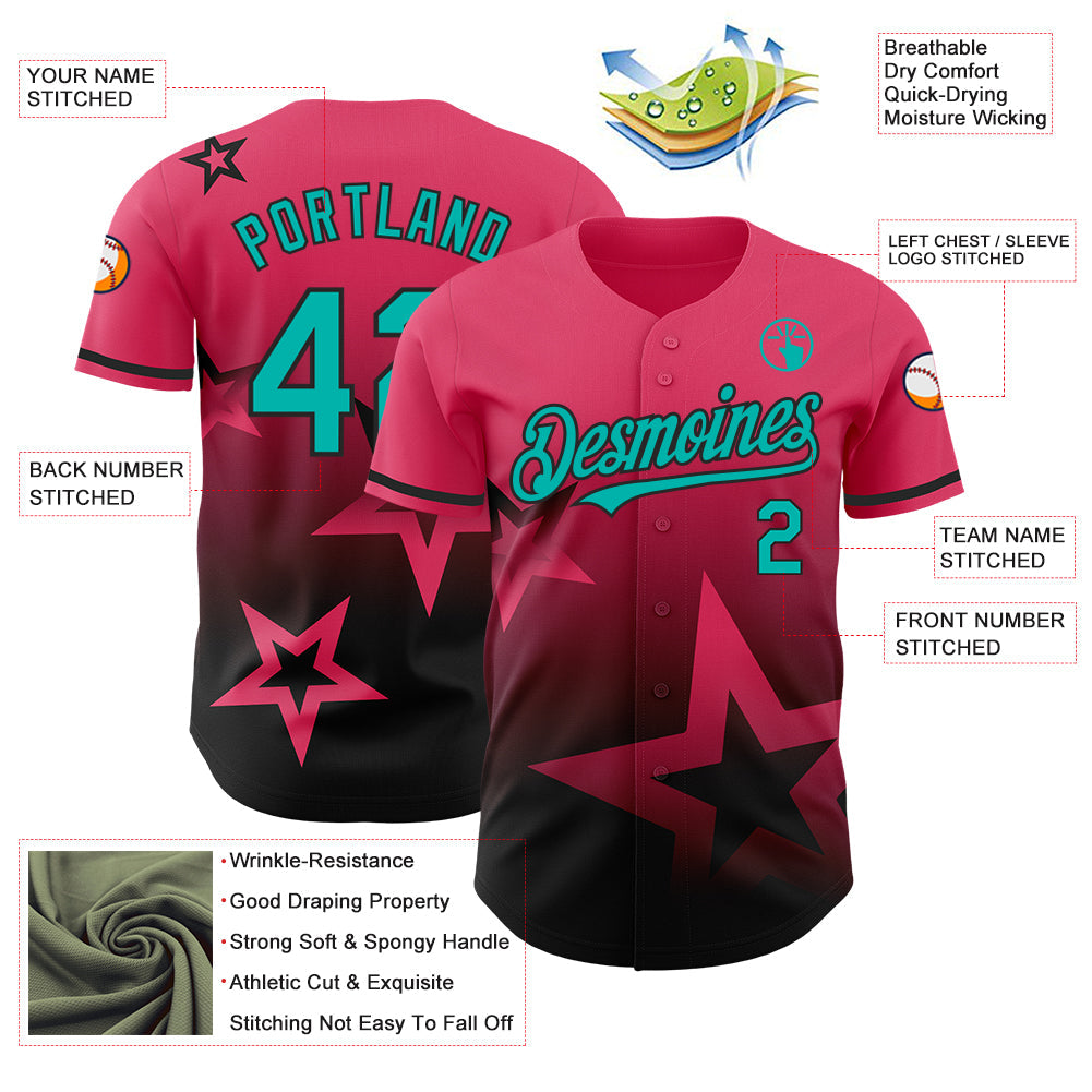 Custom Neon Pink Aqua-Black 3D Pattern Design Gradient Style Twinkle Star Authentic Baseball Jersey view 3