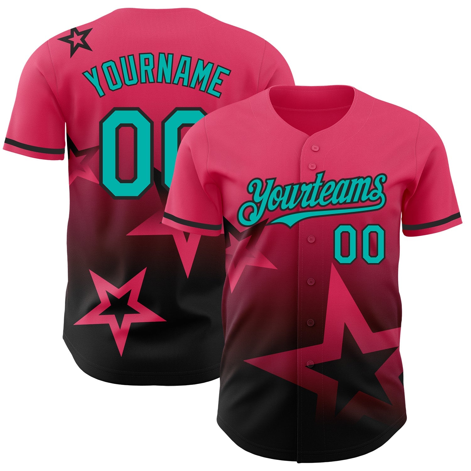 Custom Neon Pink Aqua-Black 3D Pattern Design Gradient Style Twinkle Star Authentic Baseball Jersey - Main View
