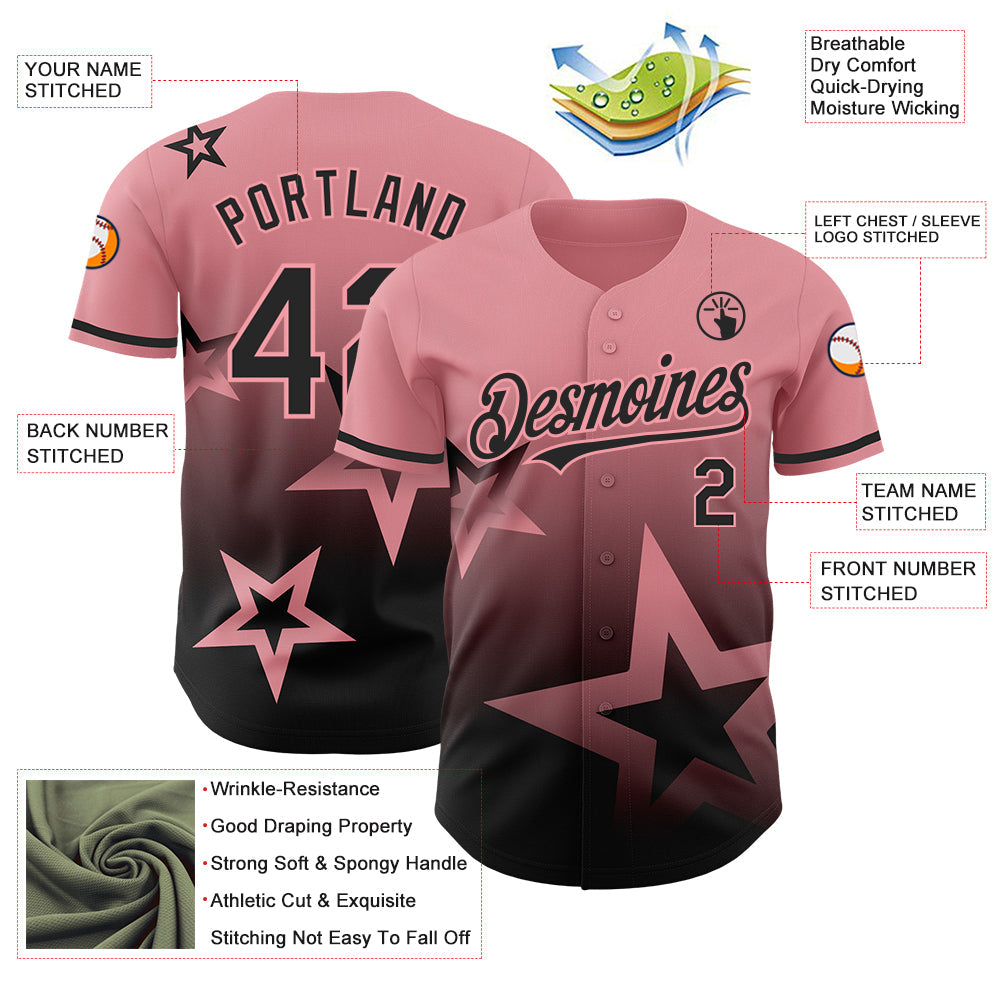 Custom Medium Pink Black 3D Pattern Design Gradient Style Twinkle Star Authentic Baseball Jersey view 3
