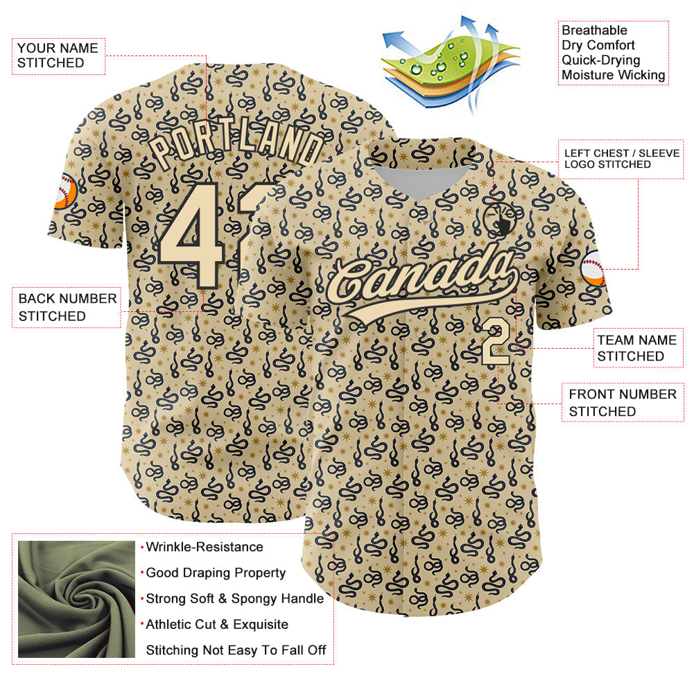 Custom Cream Black 3D Pattern Design Animal Snake Authentic Baseball Jersey view 3
