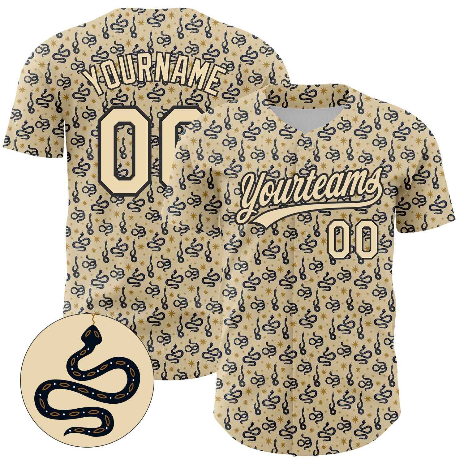 Custom Cream Black 3D Pattern Design Animal Snake Authentic Baseball Jersey - Main View