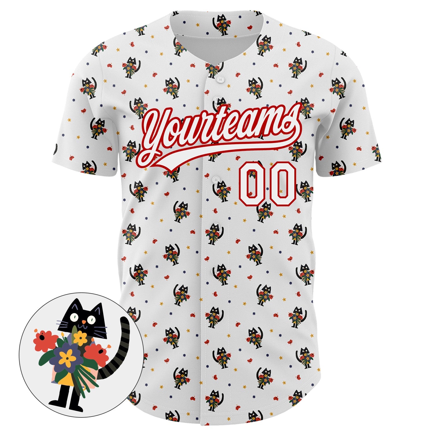 Custom White Red 3D Pattern Design Animal Cat Authentic Baseball Jersey view 2