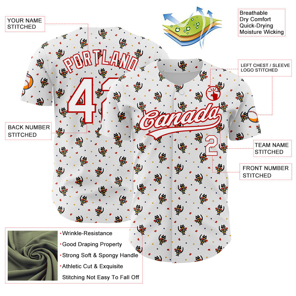 Custom White Red 3D Pattern Design Animal Cat Authentic Baseball Jersey view 3