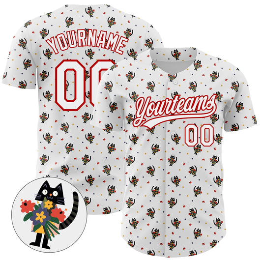 Custom White Red 3D Pattern Design Animal Cat Authentic Baseball Jersey - Main View