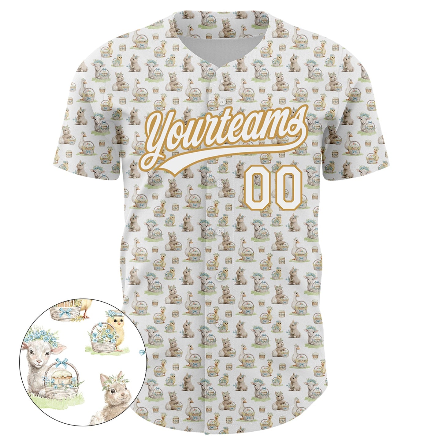 Custom White Old Gold 3D Pattern Design Animal Rabbit Sheep Chicken And Duck Authentic Baseball Jersey view 2
