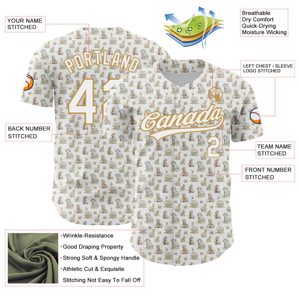 Custom White Old Gold 3D Pattern Design Animal Rabbit Sheep Chicken And Duck Authentic Baseball Jersey view 3