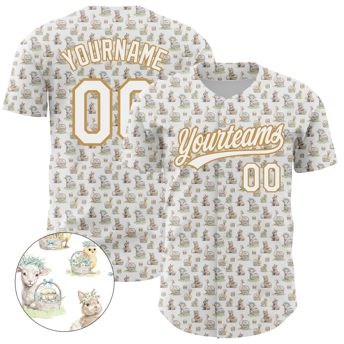 Custom White Old Gold 3D Pattern Design Animal Rabbit Sheep Chicken And Duck Authentic Baseball Jersey - Main View