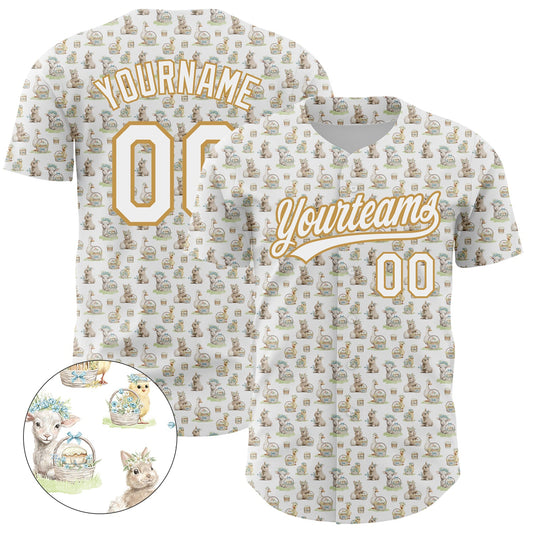 Custom White Old Gold 3D Pattern Design Animal Rabbit Sheep Chicken And Duck Authentic Baseball Jersey - Main View