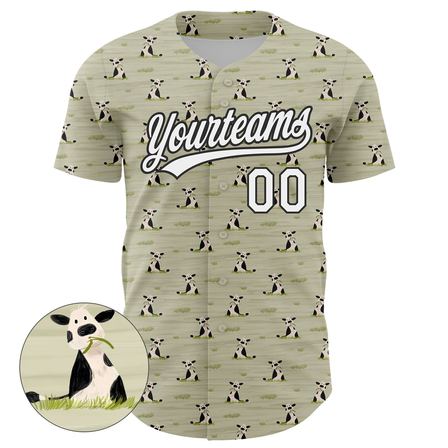 Custom Green White-Black 3D Pattern Design Animal Cow Authentic Baseball Jersey view 2