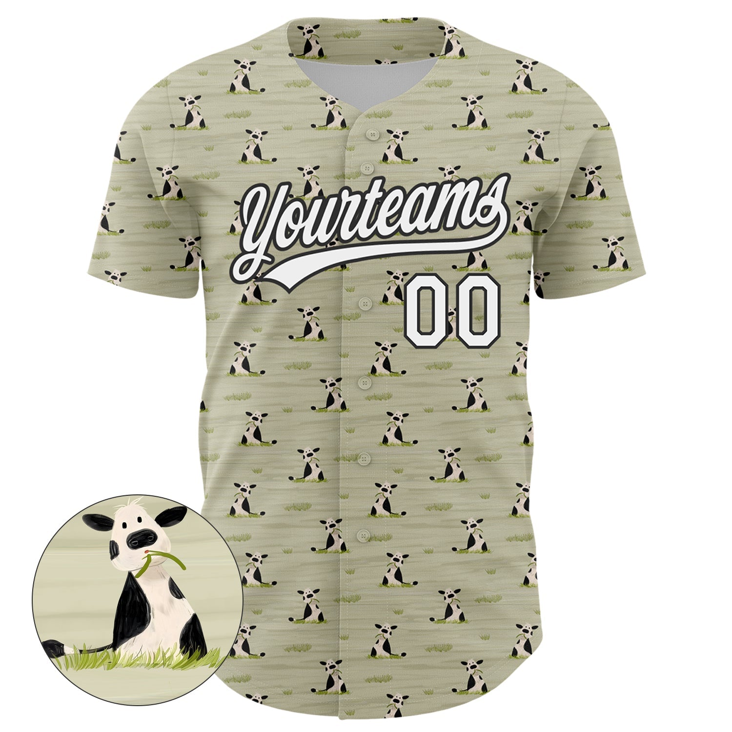 Custom Green White-Black 3D Pattern Design Animal Cow Authentic Baseball Jersey view 2