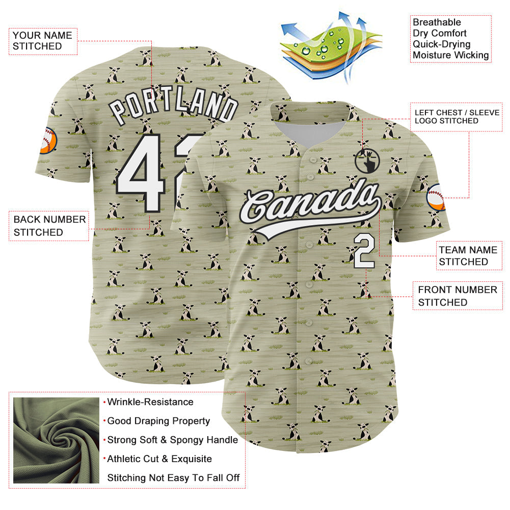 Custom Green White-Black 3D Pattern Design Animal Cow Authentic Baseball Jersey view 3