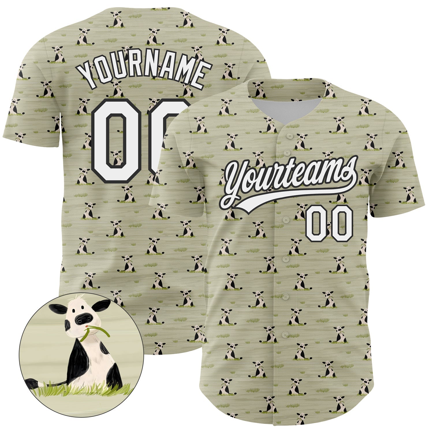 Custom Green White-Black 3D Pattern Design Animal Cow Authentic Baseball Jersey - Main View