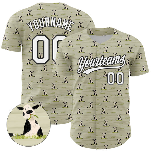 Custom Green White-Black 3D Pattern Design Animal Cow Authentic Baseball Jersey - Main View