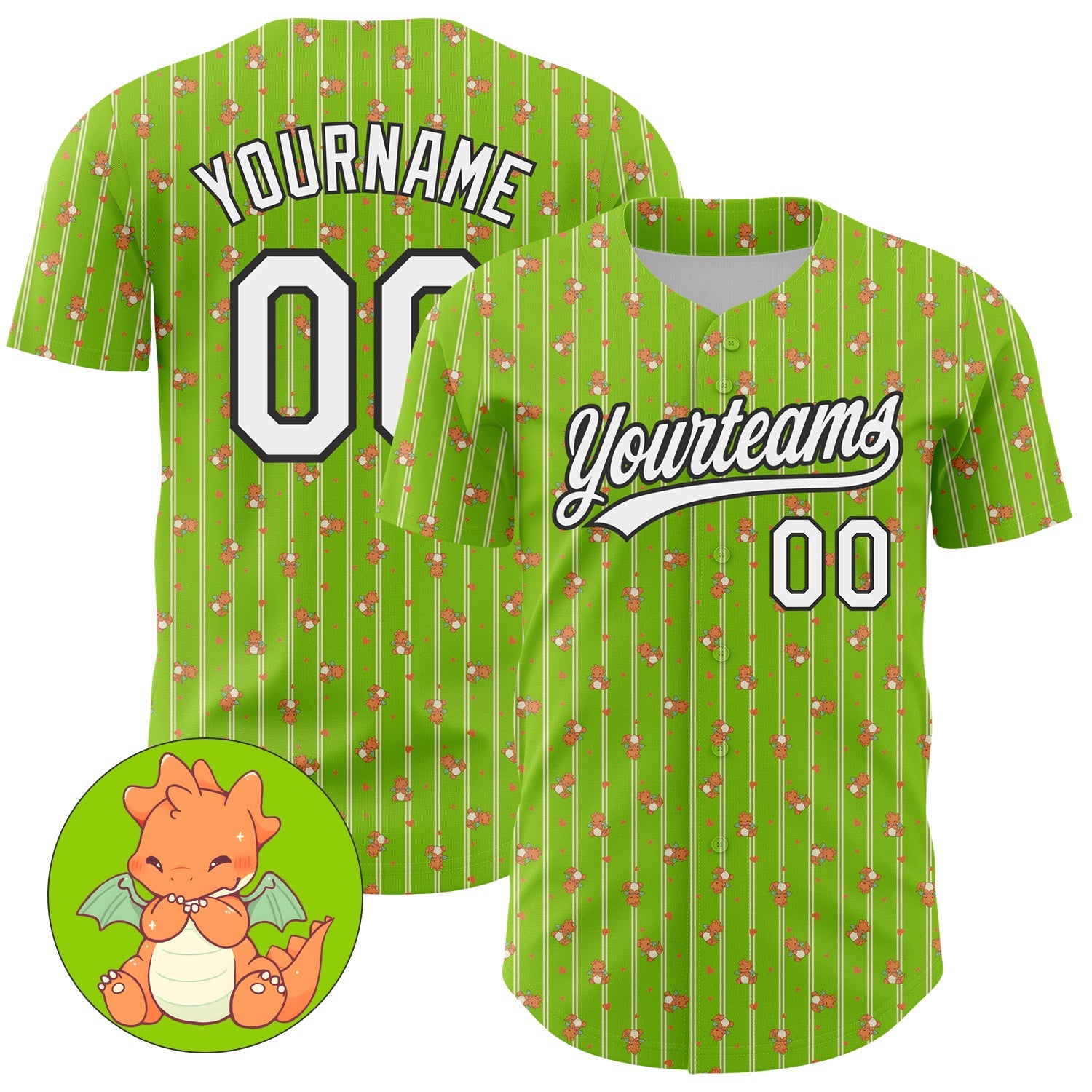 Custom Neon Green White-Black 3D Pattern Design Animal Dinosaur Authentic Baseball Jersey - Main View