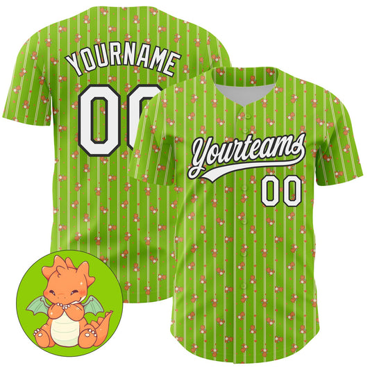 Custom Neon Green White-Black 3D Pattern Design Animal Dinosaur Authentic Baseball Jersey - Main View