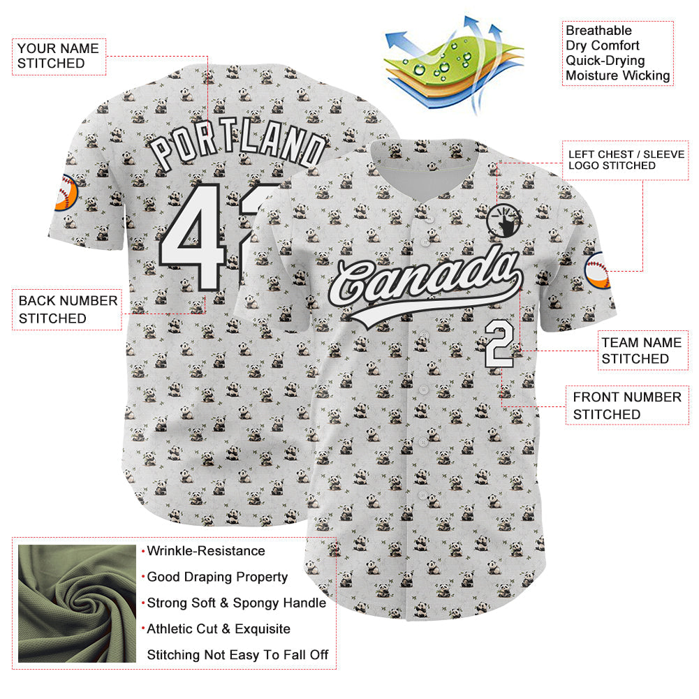Custom White Black 3D Pattern Design Animal Panda Authentic Baseball Jersey view 3
