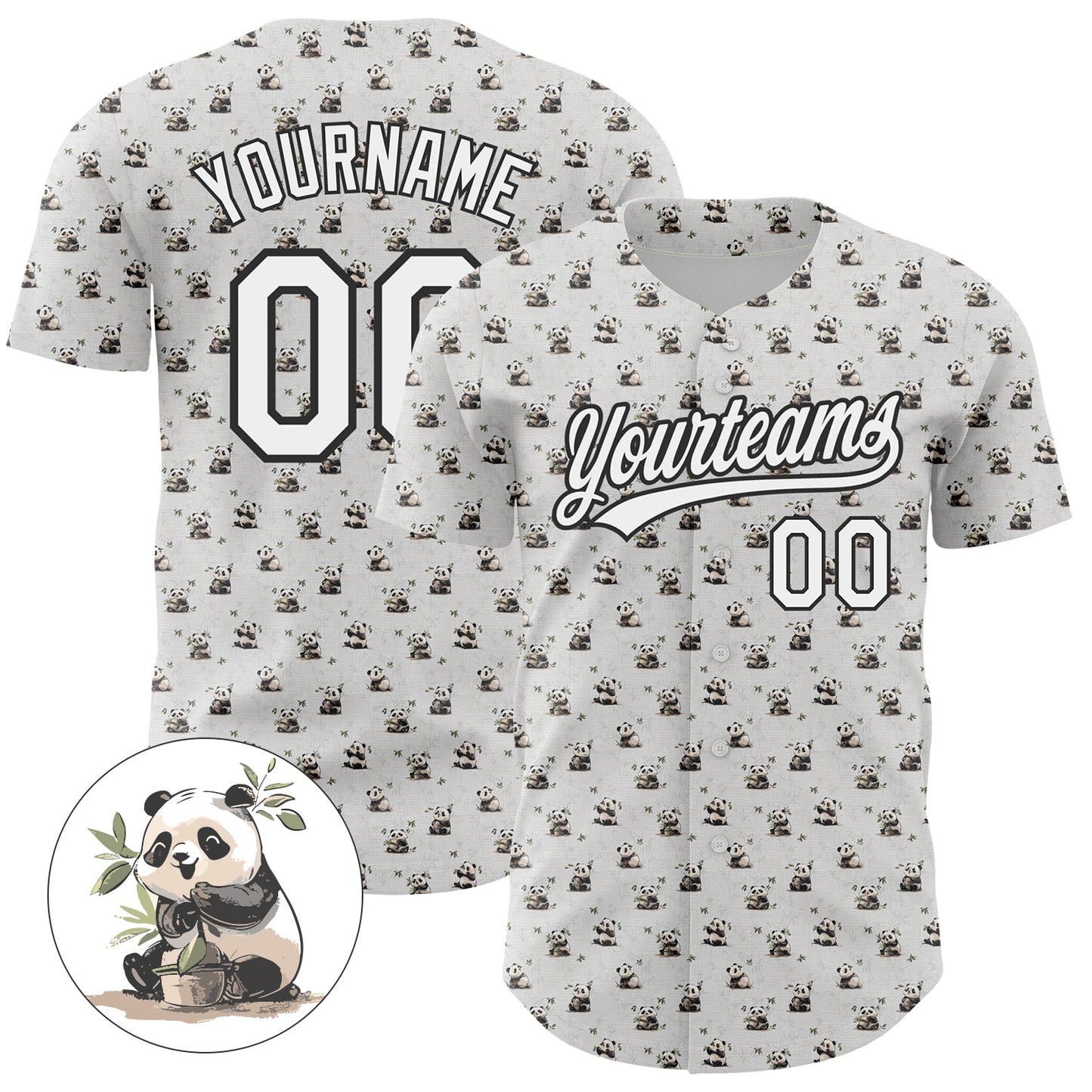 Custom White Black 3D Pattern Design Animal Panda Authentic Baseball Jersey - Main View