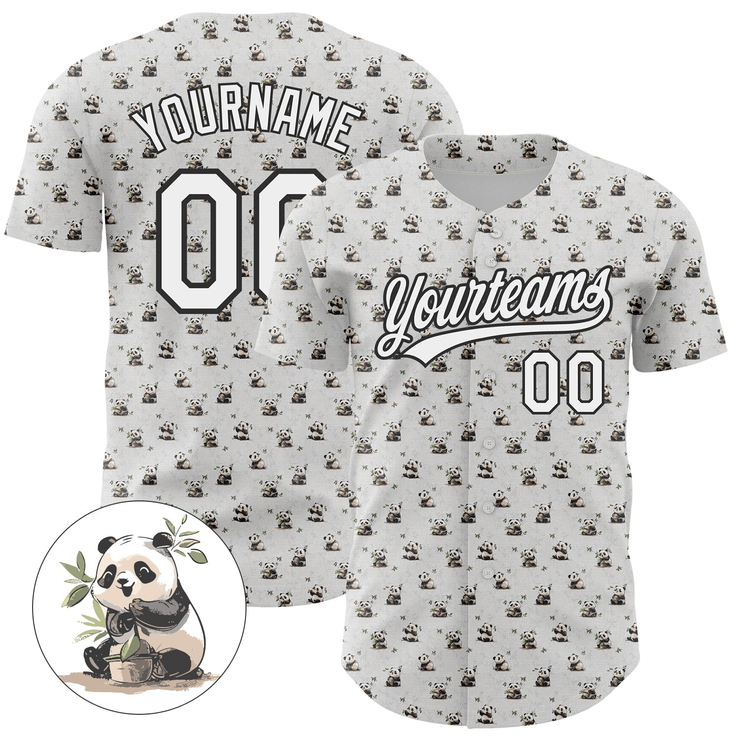 Custom White Black 3D Pattern Design Animal Panda Authentic Baseball Jersey - Main View