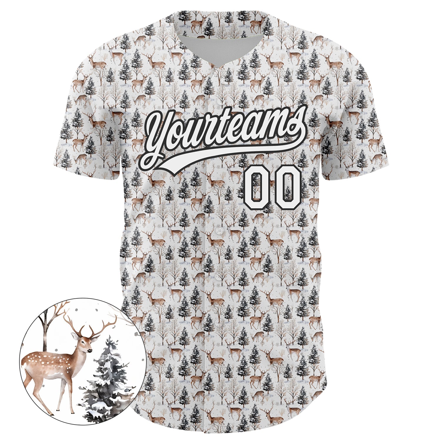 Custom White Black 3D Pattern Design Animal Deer Authentic Baseball Jersey view 2