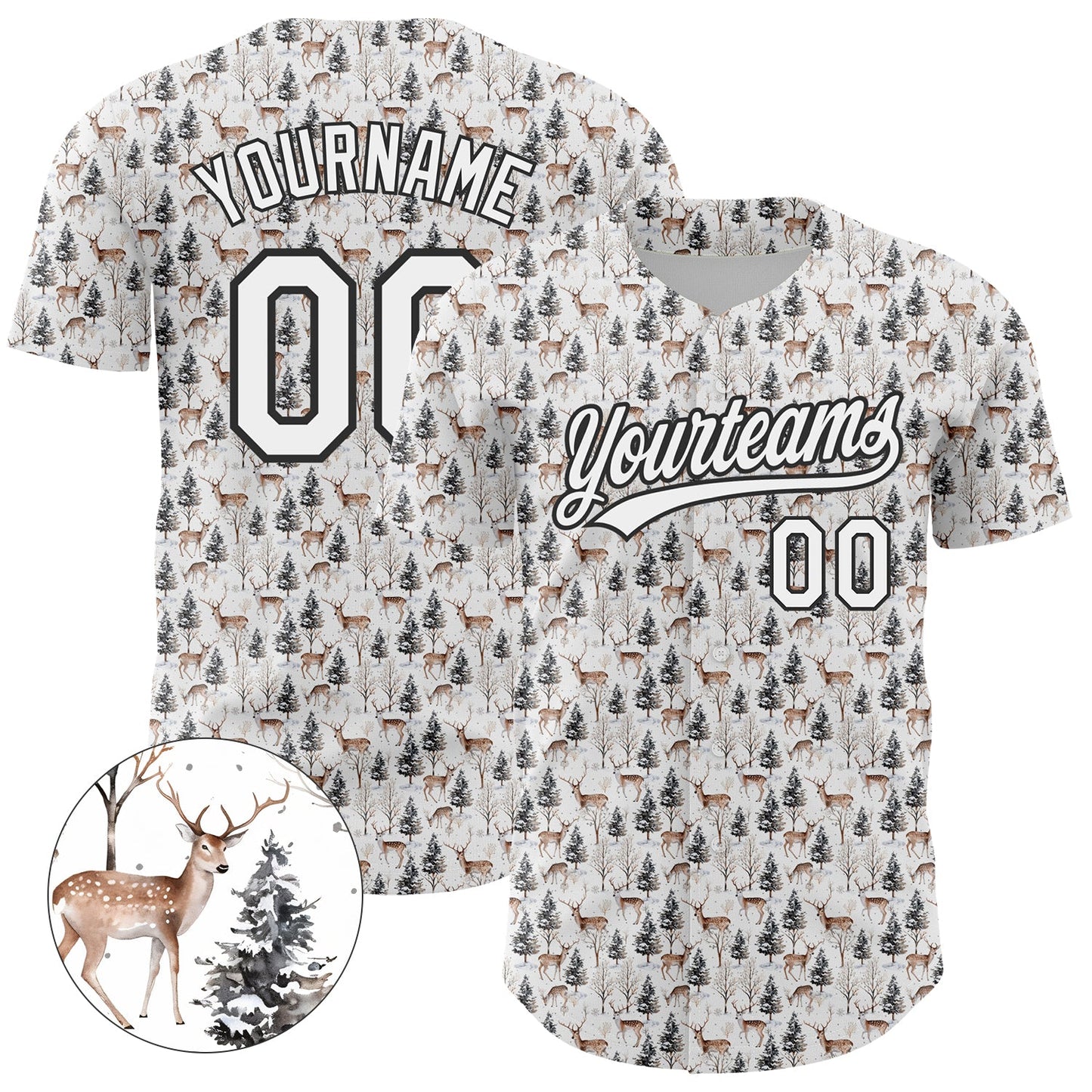 Custom White Black 3D Pattern Design Animal Deer Authentic Baseball Jersey - Main View