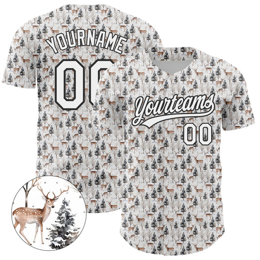 Custom White Black 3D Pattern Design Animal Deer Authentic Baseball Jersey - Main View