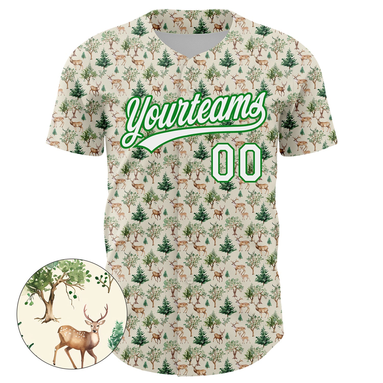 Custom Cream White-Grass Green 3D Pattern Design Animal Deer Authentic Baseball Jersey view 2