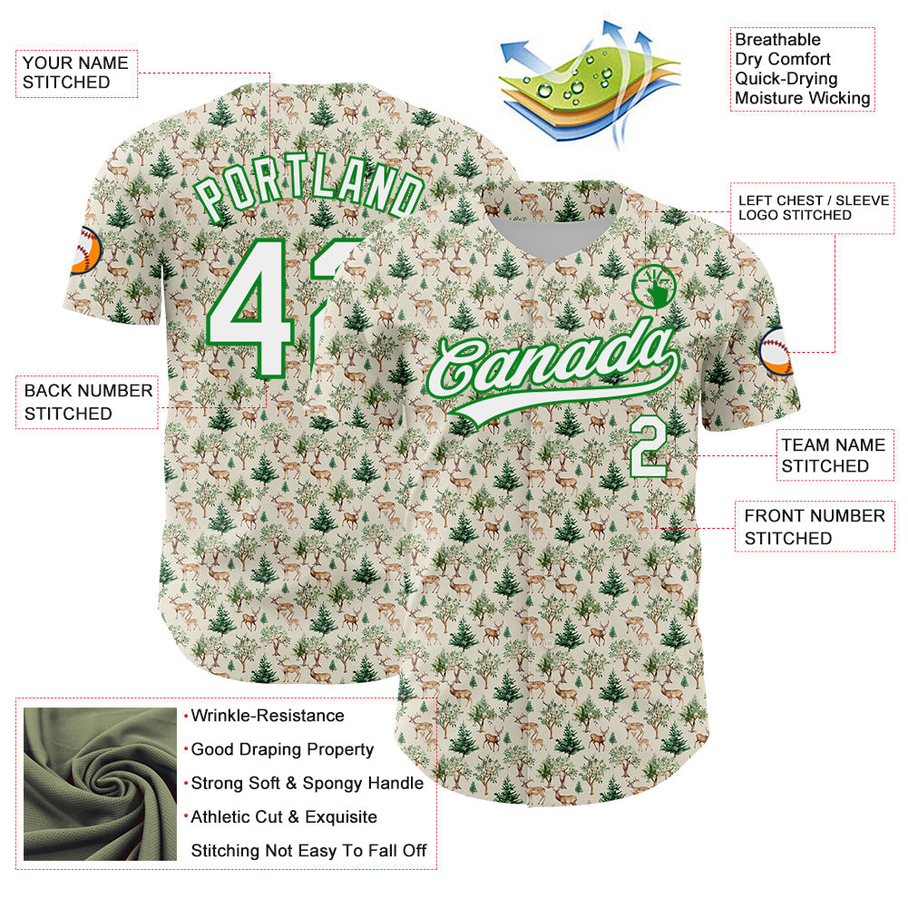 Custom Cream White-Grass Green 3D Pattern Design Animal Deer Authentic Baseball Jersey view 3