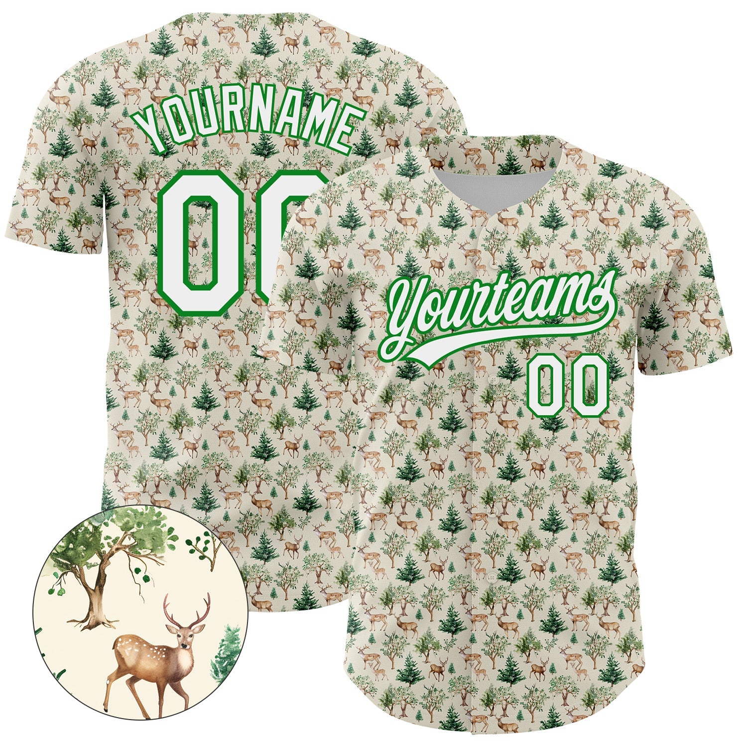 Custom Cream White-Grass Green 3D Pattern Design Animal Deer Authentic Baseball Jersey - Main View