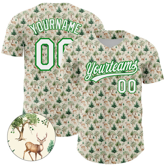 Custom Cream White-Grass Green 3D Pattern Design Animal Deer Authentic Baseball Jersey - Main View