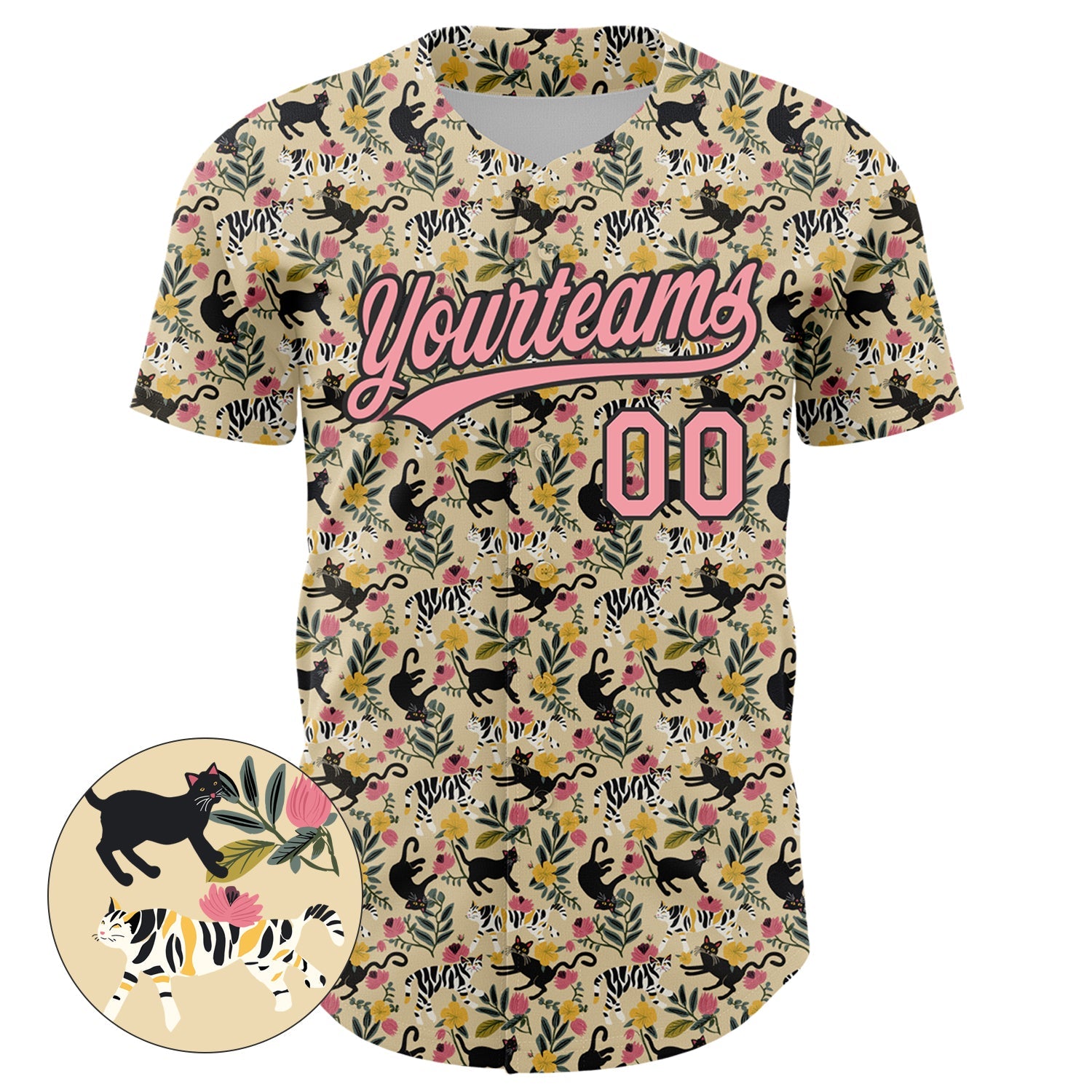 Custom Cream Medium Pink-Black 3D Pattern Design Animal Cat Authentic Baseball Jersey view 2