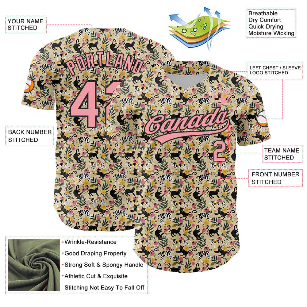 Custom Cream Medium Pink-Black 3D Pattern Design Animal Cat Authentic Baseball Jersey view 3